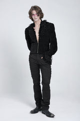 Black V Collar Long Sleeves Ruffle Stitching Lace Men's Gothic Blouse - Product - 7