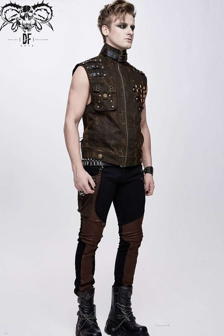 Brown Asymmetrical Bullet Belt 3D Pocket Leather Loop Rivet Back Lace Up Men's Punk Waistcoat - Product - 4