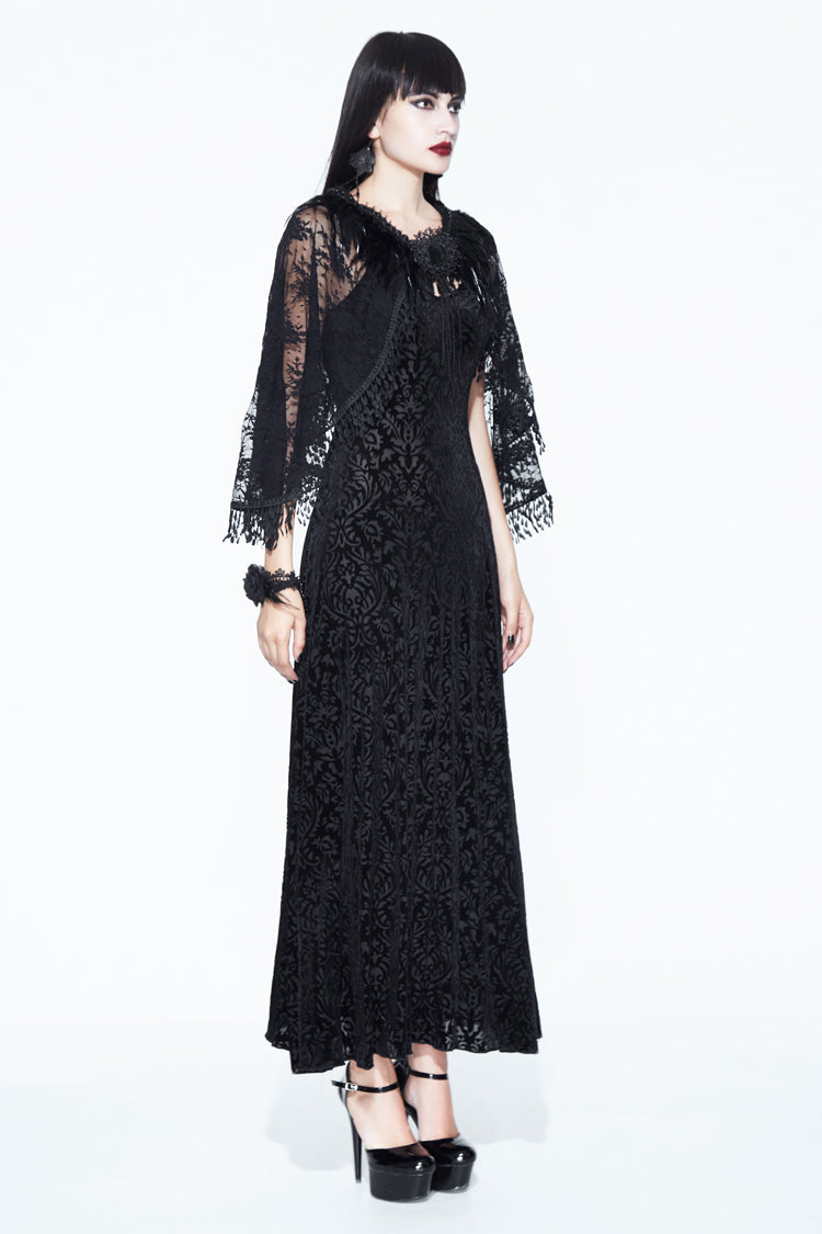 Black Lace Shawl Dark Pattern Velvet Women's Gothic Slip Dress - Product - 3