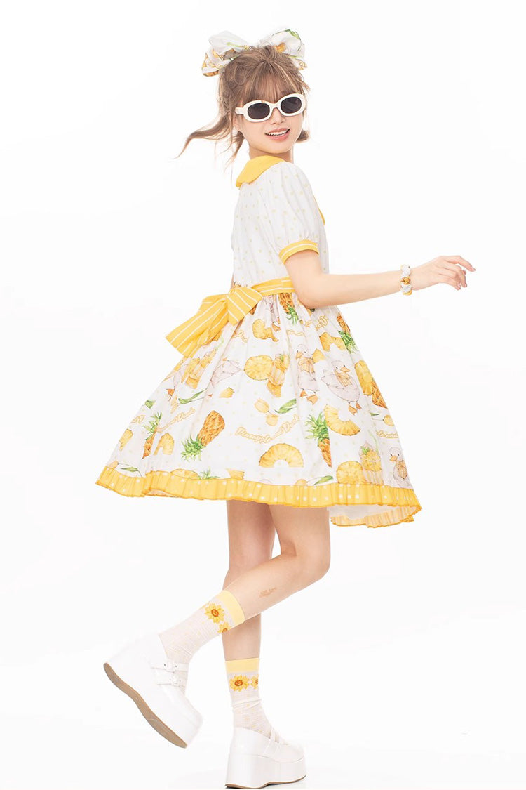 White/Yellow Sweet Duck Print Bowknot Puff Short Sleeves Lolita OP Dress - Product - 3