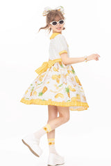 White/Yellow Sweet Duck Print Bowknot Puff Short Sleeves Lolita OP Dress - Product - 3