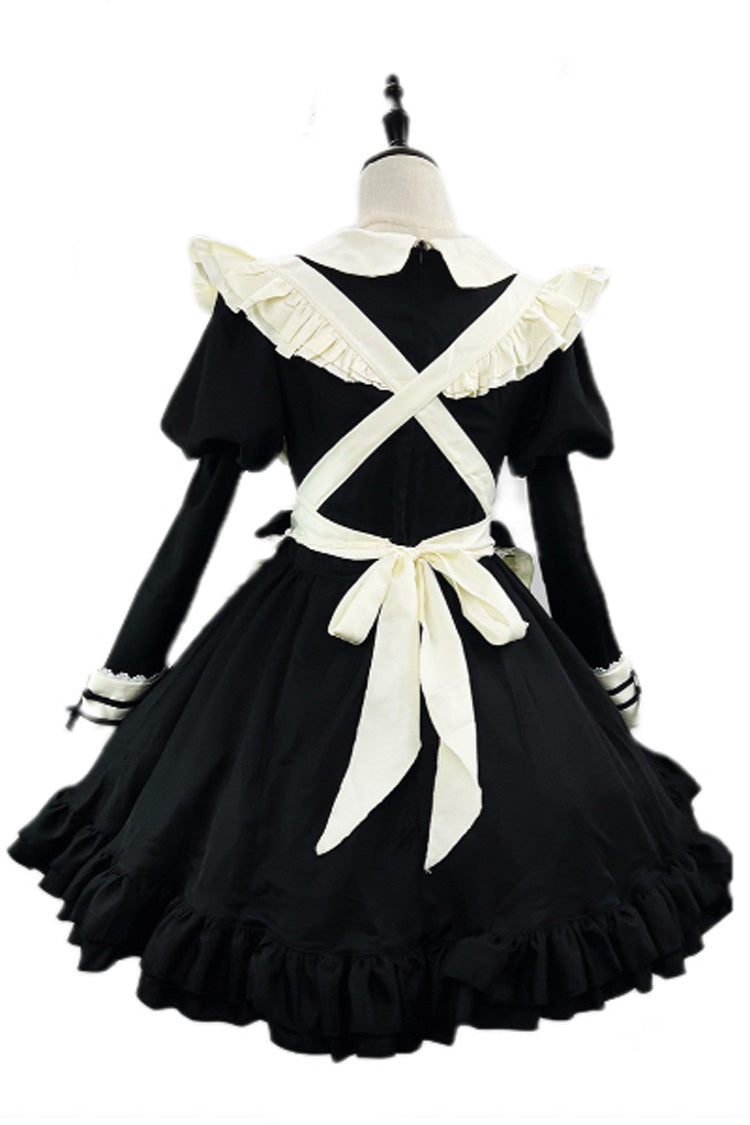 Black/White Maid Long Sleeves Ruffle Bowknot Sweet Plus Size Lolita Dress Full Set - Product - 4