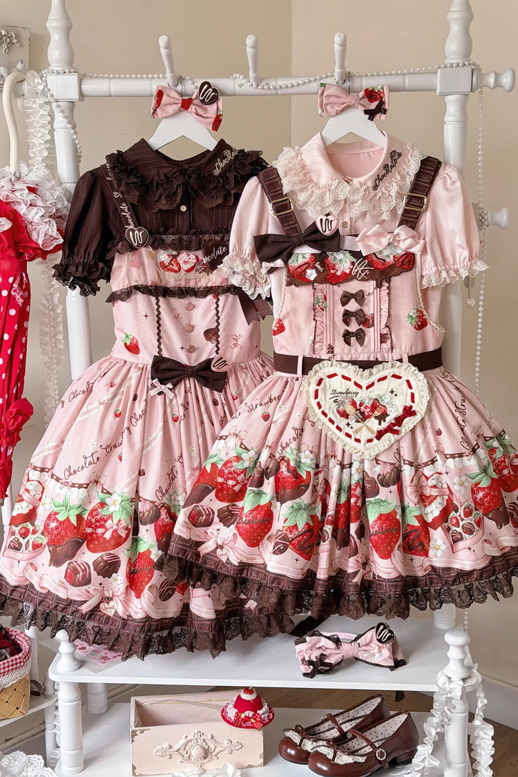 Pink [Strawberry Chocolate Lover] Sleeveless Printed Ruffled Embroidered Bow Lace Sweet Lolita Strap Dress - Product - 14