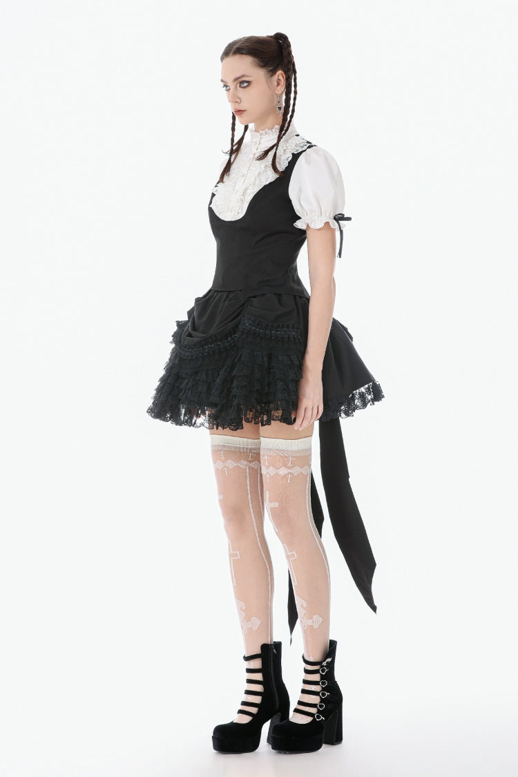Black/White Short Puff Sleeves Lace Ruffled Stand Collar Women's Gothic Royal Blouse - Product - 11