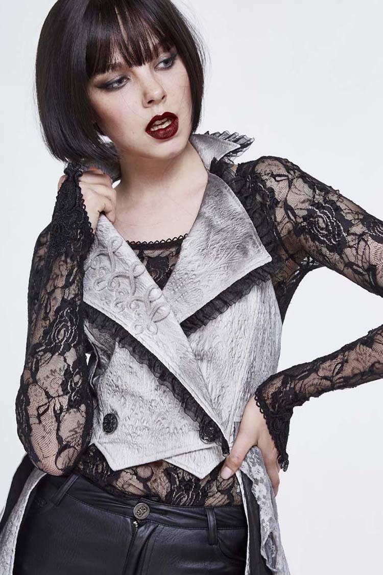 White Painted Back Lace Up Lace Hem Asymmetrical Women's Gothic Waistcoat - Product - 7