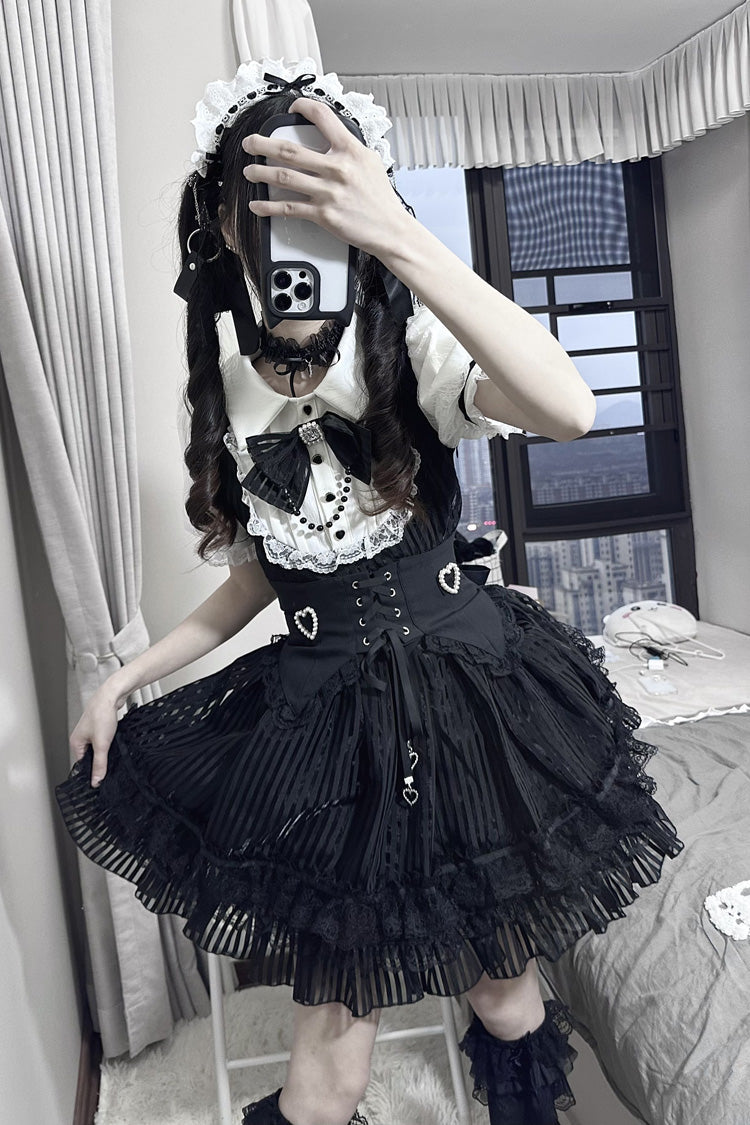 Black/White [Dream Night Song] Short Sleeves Stripe Print Bowknot Lace Gothic Jirai Kei Dress - Product - 7