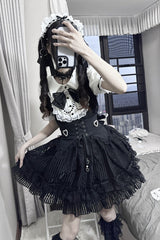 Black/White [Dream Night Song] Short Sleeves Stripe Print Bowknot Lace Gothic Jirai Kei Dress - Product - 7