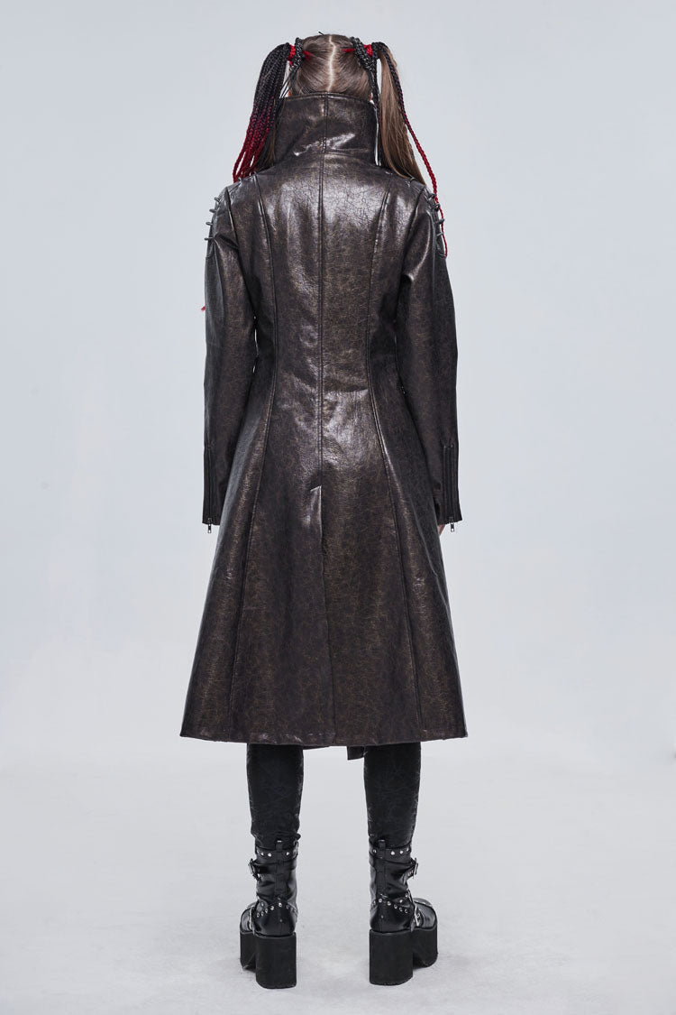 Brown Large Neckline Design Shoulder String Decoration Long Leather Women's Punk Jacket - Product - 4