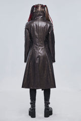 Brown Large Neckline Design Shoulder String Decoration Long Leather Women's Punk Jacket - Product - 4