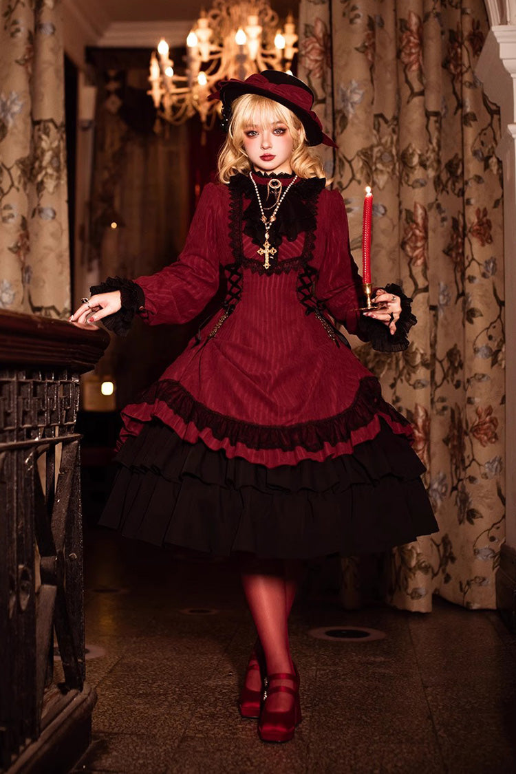 Point Manor Solid Color Stand Collar Long Sleeves Multi-layer Ruffle Gothic Lolita Dress 5 Colors - Product - 2