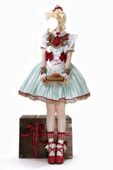 Green [Jenny's Chocolate] Short Sleeves Vertical Stripes Print Ruffle Bowknot Sweet Lolita Dress - Product - 18