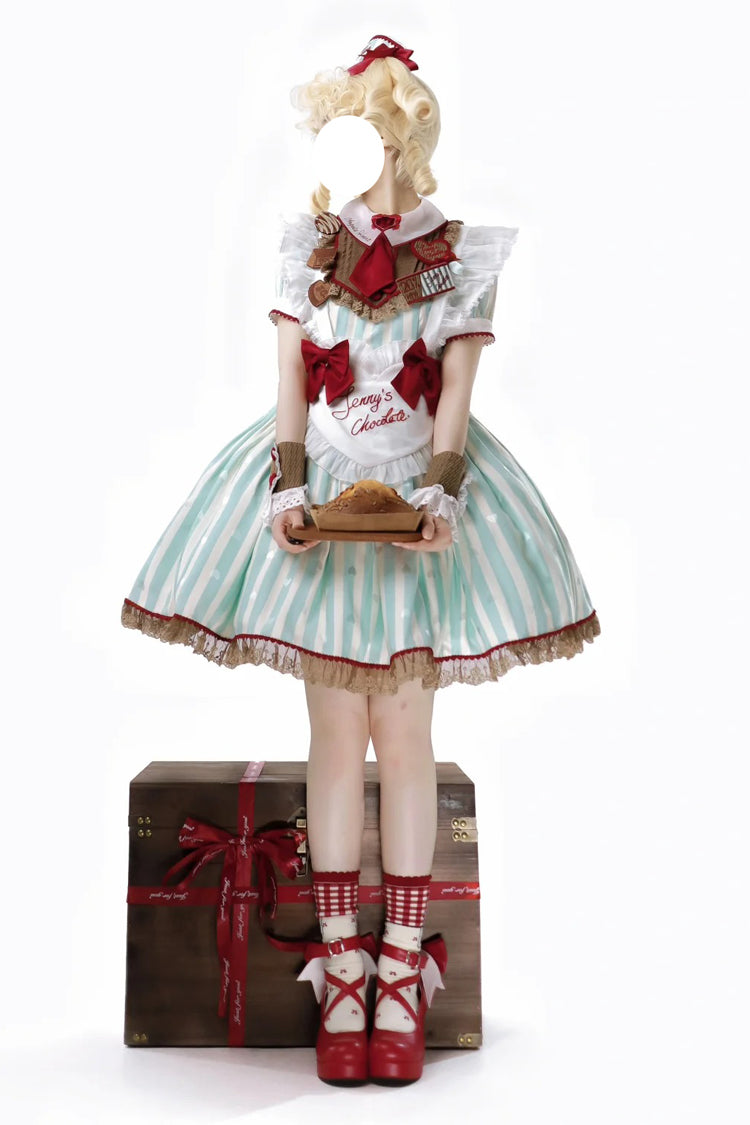 Green [Jenny's Chocolate] Short Sleeves Vertical Stripes Print Ruffle Bowknot Sweet Lolita Dress - Product - 18