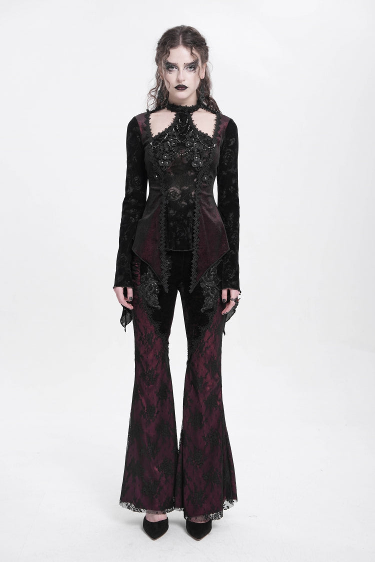 Red Long Trumpet Sleeves Jacquard Cutout Women's Gothic Blouse - Product - 6