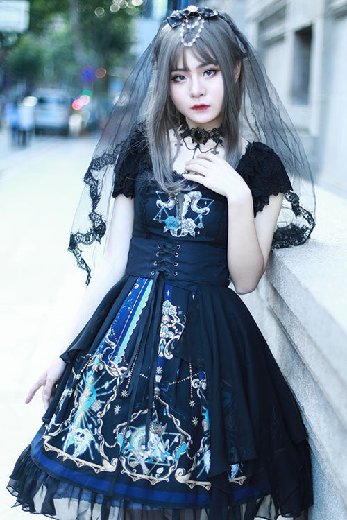 Black God's Salvation Square Collar Short Sleeves Lace Ruffled Gothic Lolita OP Dress - Product - 6