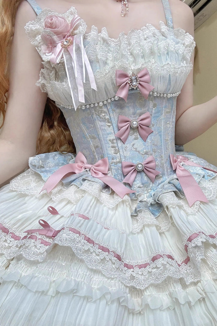 Blue/Apricot [Sea Salt Souffle] Sleeveless Multi-Layered Bowknot Lace Sweet Ballet Lolita Jsk Dress - Product - 3