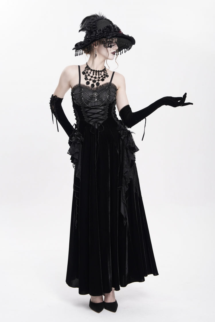 Black Sleeveless Ruffle Lace-Up Plumed Women's Gothic Long Slip Dress - Product - 3