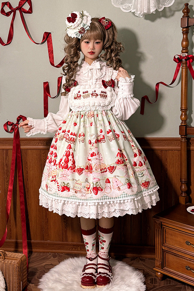 Mint Strawberry Dessert Print High Waisted Ruffle Bowknot Sweet Lolita JSK Dress 4 Colors - Green - 2