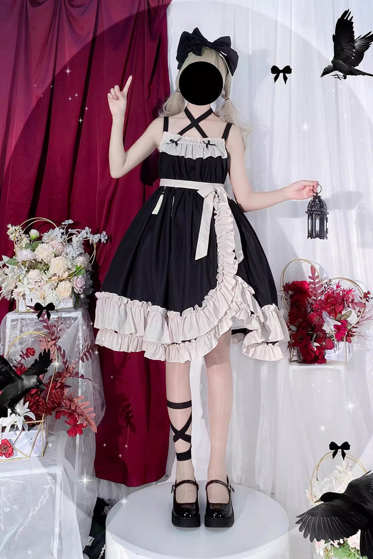 Black [Monet Estate] Sleeveless High Waisted Ruffle Bowknot Asymmetric Gothic Lolita Jsk Dress - Product - 11