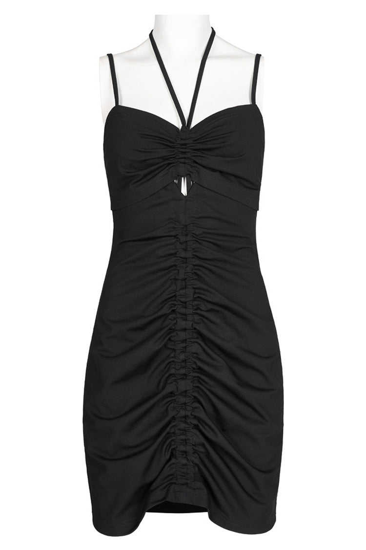 Black Knitted Stretch Hollow-Carved Design Drawstring Bodycon Shoulder Strap Halter Neck Women's Punk Dress - Product - 5