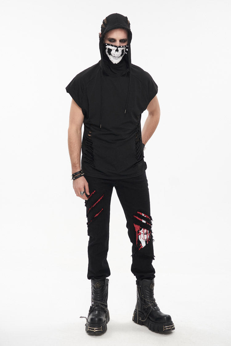 Black Skull Print Super High Neck Masked Rivet Hole Hooded Short Sleeve Men's Punk T-Shirt - Product - 4