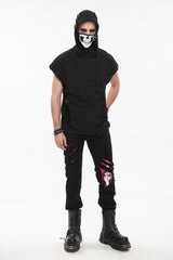 Black Skull Print Super High Neck Masked Rivet Hole Hooded Short Sleeve Men's Punk T-Shirt - Product - 4