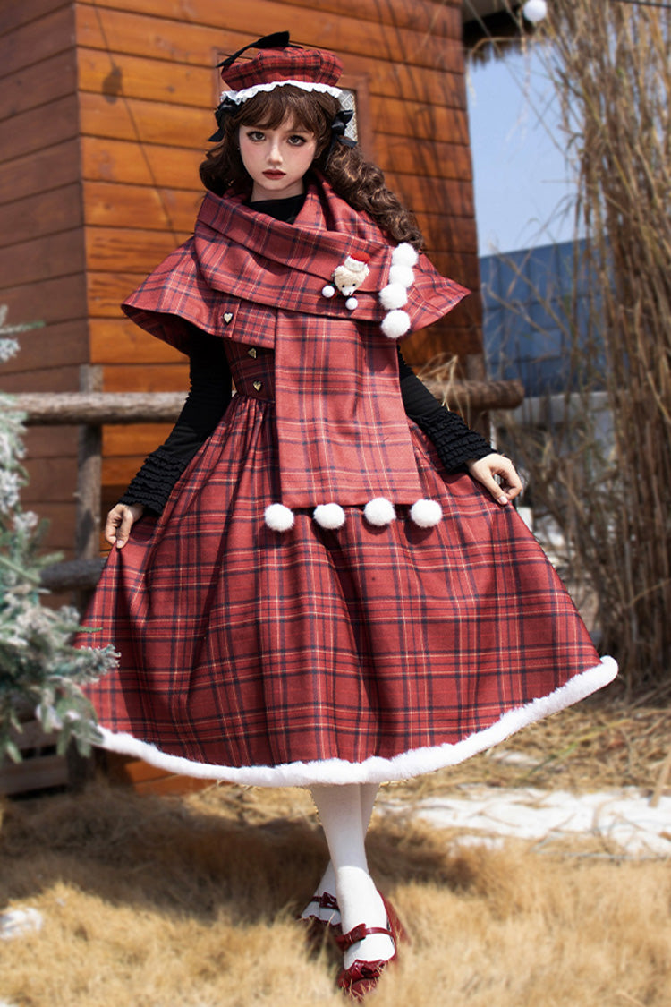 Red Striped Plaid Print Fall Winter Fishbone Sweet Corset Lolita Dress 2 Versions - Product - 9