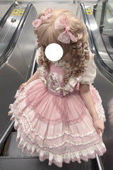 Pink Rabbit Print Sweet Dream Girl Ruffle Bowknot Stitching Lace Lolita JSK Dress - Product - 7