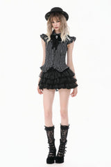 Black/White Vertical Striped Turn-down Collar Ruffled Women's Gothic Blouse with Detachable Tie - Product - 9