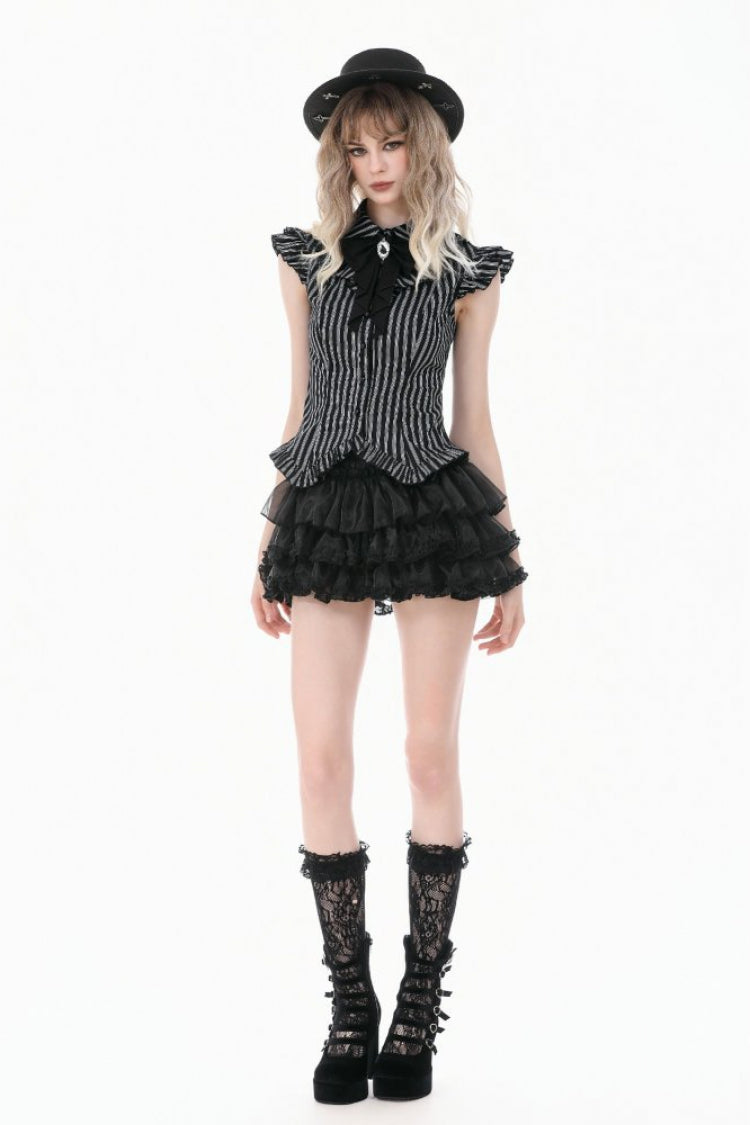 Black/White Vertical Striped Turn-down Collar Ruffled Women's Gothic Blouse with Detachable Tie - Product - 9