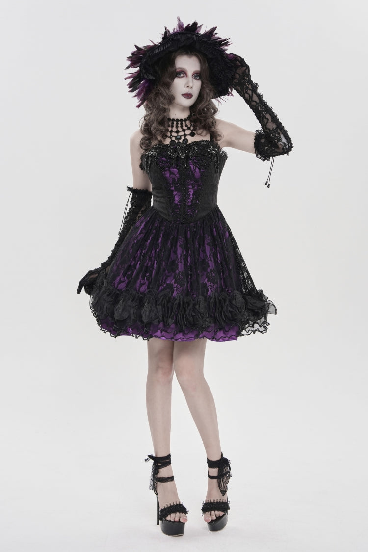 Black/Purple Off Shoulder Double-Layered Printed Cut-Out Lace Lace-Up Women's Gothic Jsk Dress - Black/Purple - 1