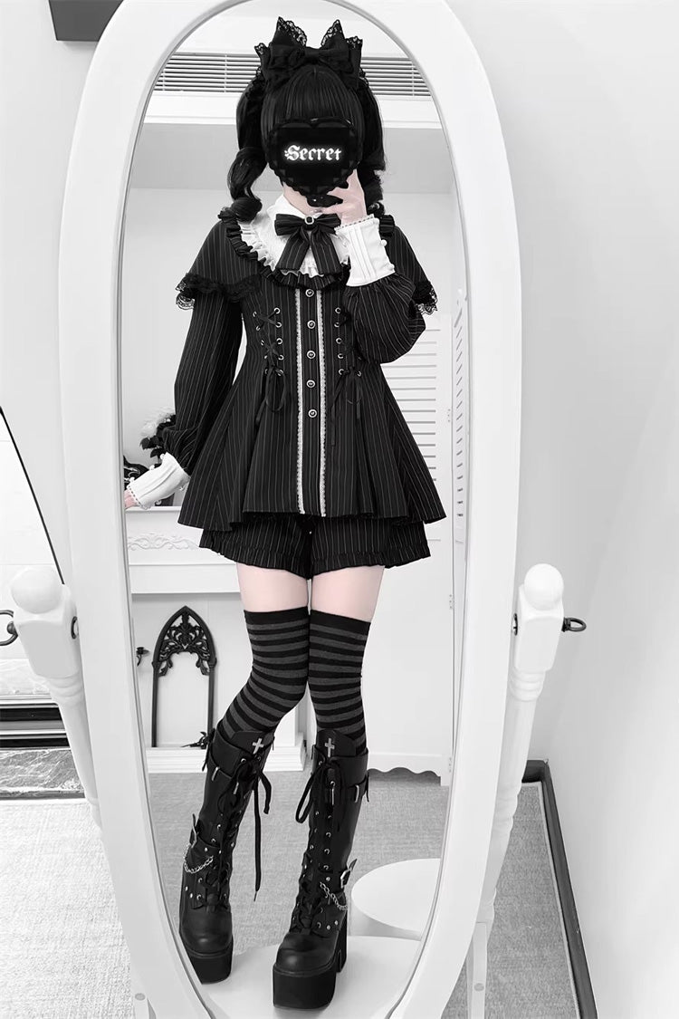 [Twilight Reimi] Long Sleeves Printed Ruffled Bow Lace Sweet Jirai Kei Japanese Dress Shorts Set 4 Colors - Product - 6