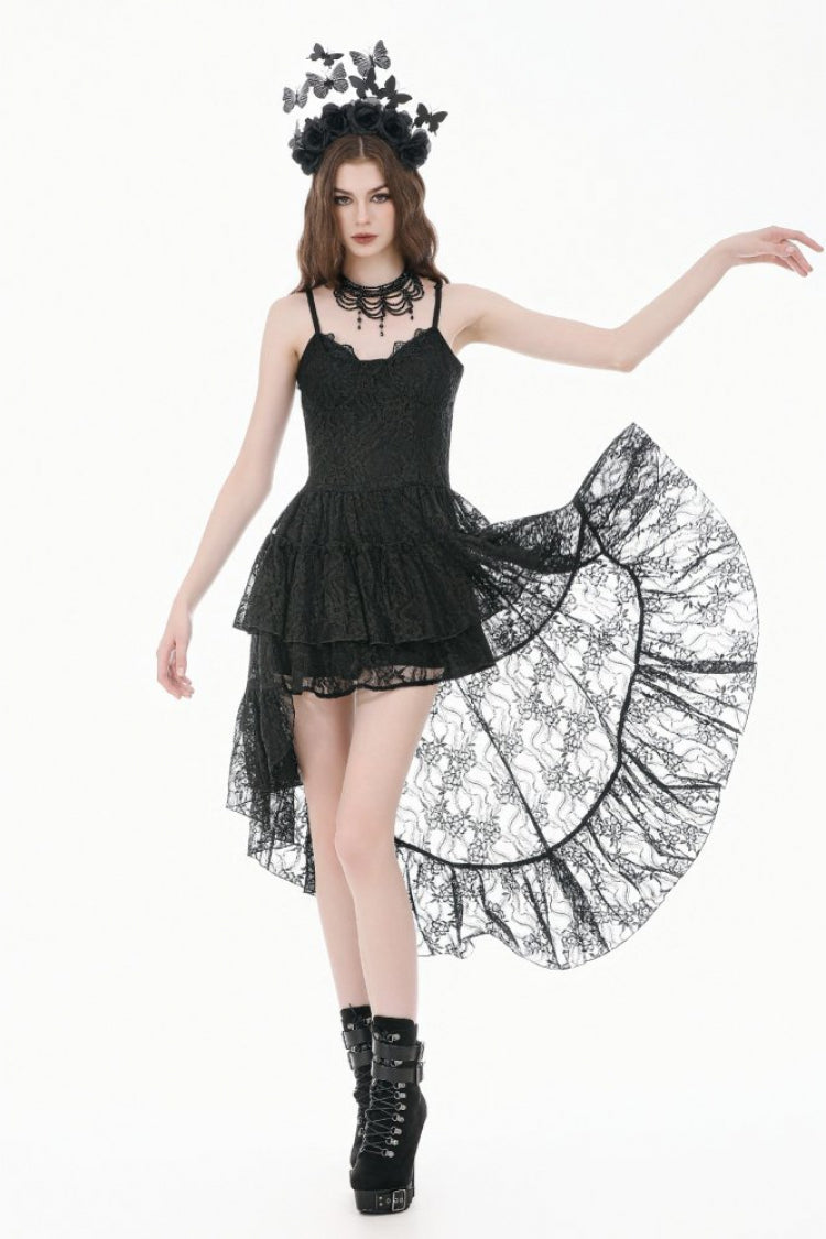 Black Women's Gothic Vintage Lace Multi-Layered Ruffled High-Low Slip Dress - Black - 1
