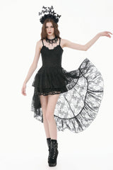 Black Women's Gothic Vintage Lace Multi-Layered Ruffled High-Low Slip Dress - Black - 1