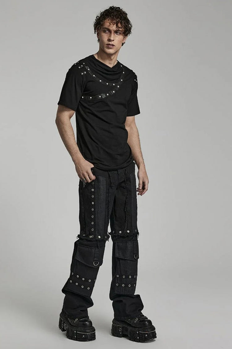 Black Short Sleeves Asymmetric Mens Daily Steampunk T-Shirt - Product - 4