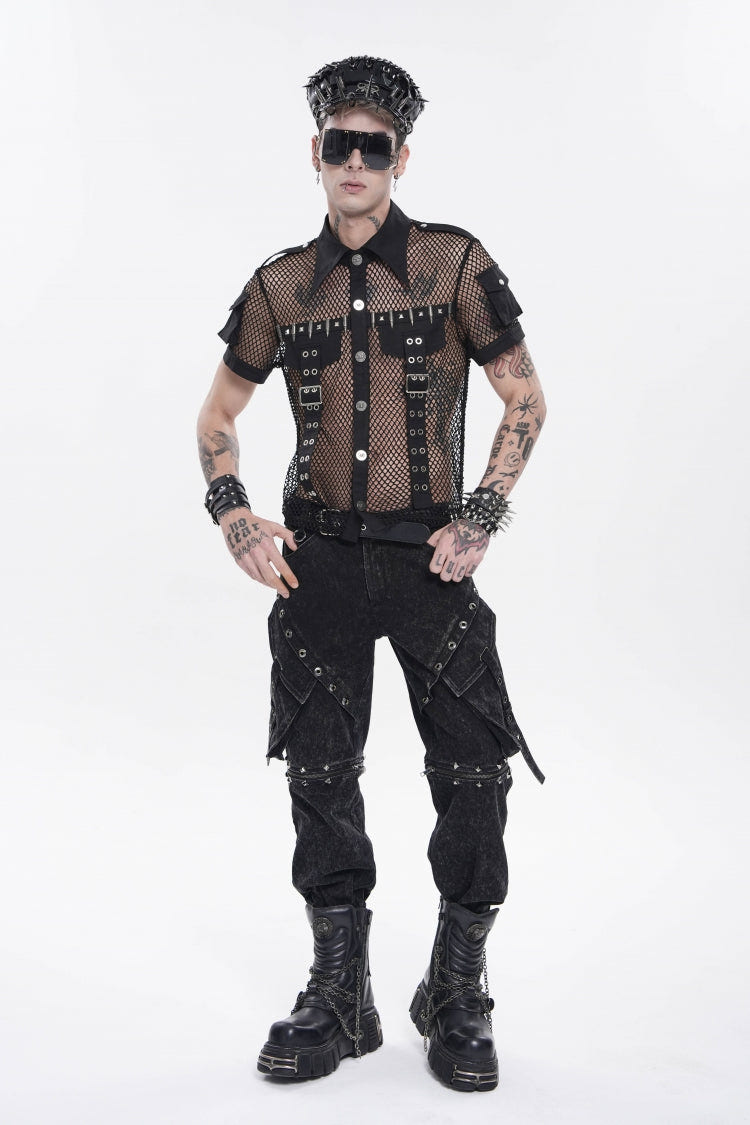 Black Lapel Collar Short Sleeves Cut-Out Spliced Sheer Mesh Studded Eyelet Men's Punk Small Pockets Cool Shirt - Product - 13