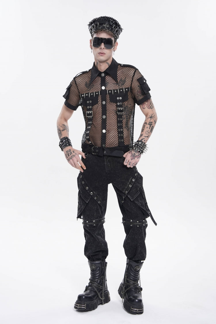 Black Lapel Collar Short Sleeves Cut-Out Spliced Sheer Mesh Studded Eyelet Men's Punk Small Pockets Cool Shirt - Product - 13