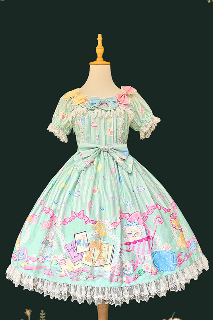 [Macaron Dolly House] Doll Collar Short Sleeves Print Bowknot Sweet Lolita Dress 3 Colors - Product - 10