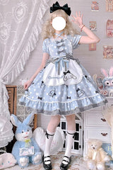 Light Blue Short Sleeves Big Eared Dog Print Ruffle Bowknot Alice Sweet Lolita Dress - Product - 2