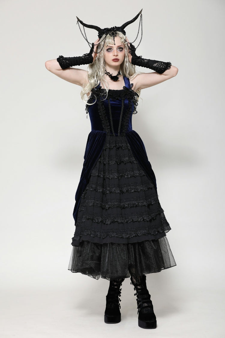 Black/Blue Sleeveless Multi-Layered Ruffled Lace Women's Lolita Gothic Slip Dress Wedding Dress - Product - 9