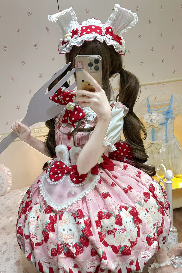 [Cream Rabbit Strawberry] Print Sleeveless Bowknot Sweet Lolita Jsk Dress 2 Colors - Product - 7