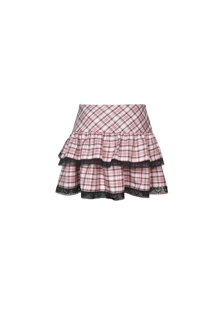 Pink Rock Heart Plaid Double-Layered Ruffled Women's Lolita Mini Skirt with Lace Hem - Product - 12