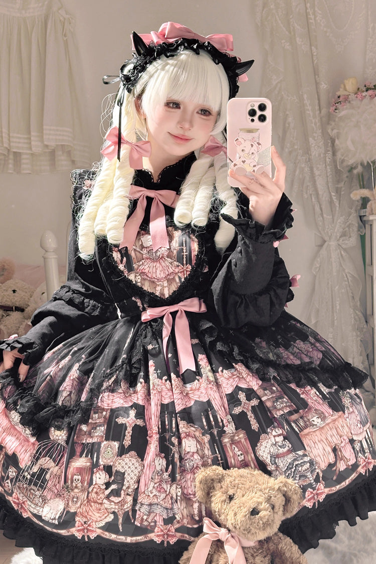 Black [The Case of the Missing Lamb] Print Ruffle Bowknot Lace Gothic Lolita SK Skirt - Product - 2