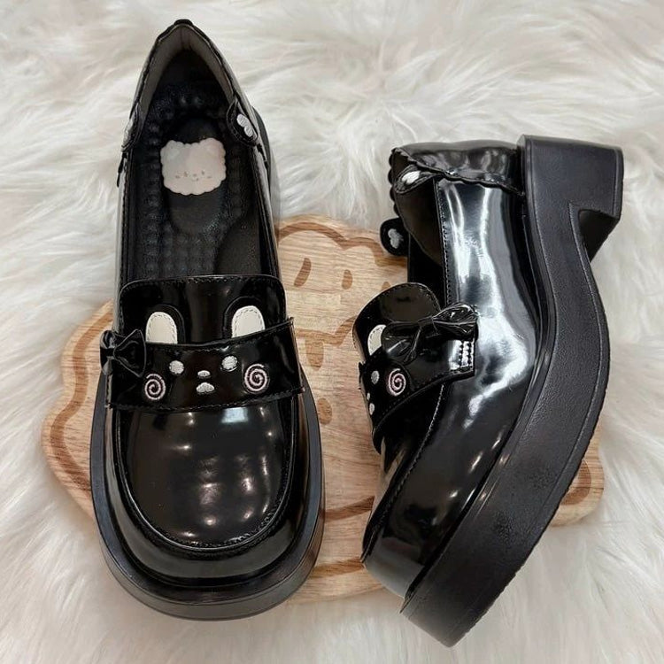 Preppy Style Square-Toe JK Lolita Leather Shoes with Raccoon Print 2 Colors - Black - 2
