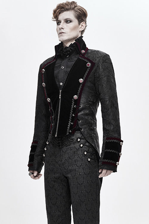 Black Jacquard Floral Pattern Velveteen Swallowtail Mens Gothic Coat - Product - 2