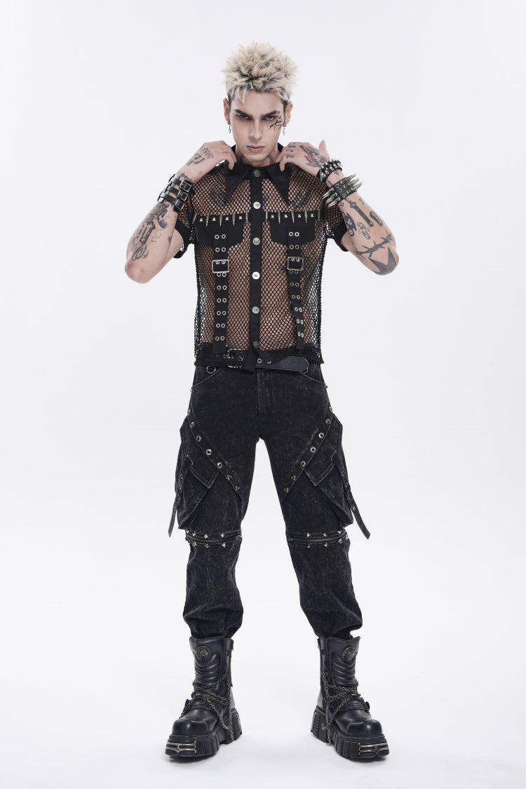 Black Lapel Collar Short Sleeves Cut-Out Spliced Sheer Mesh Studded Eyelet Men's Punk Small Pockets Cool Shirt - Black - 1