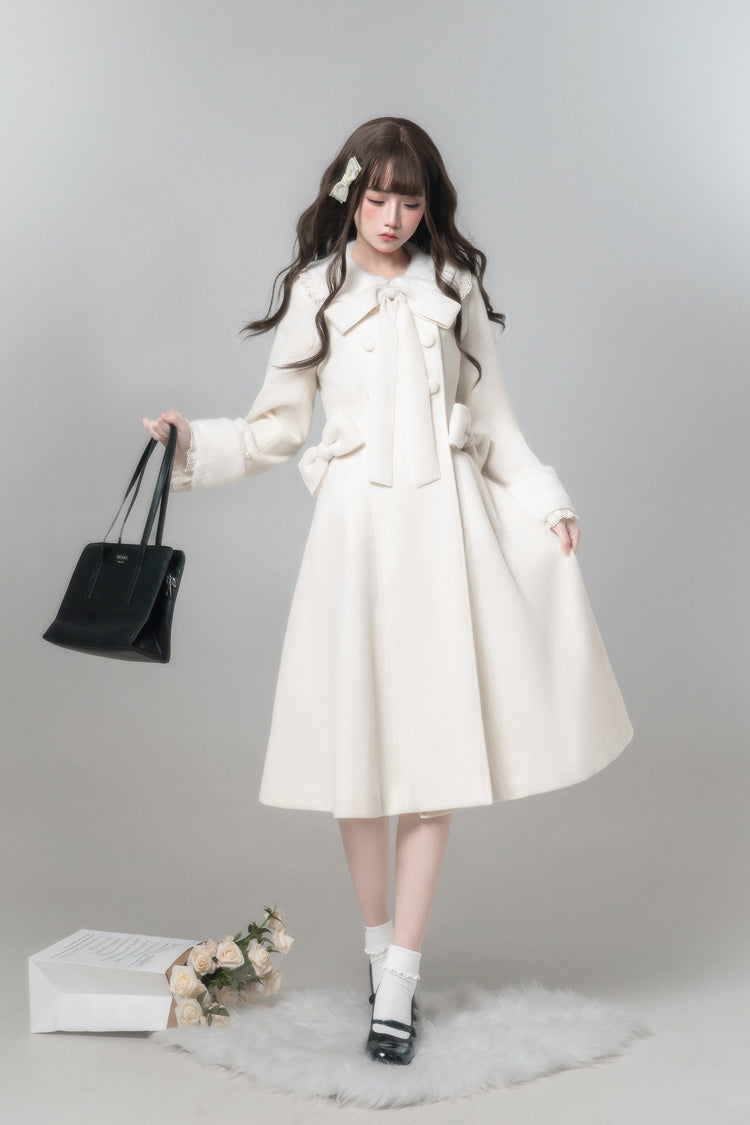 White [First Snow] Doll Collar Long Sleeves Bow Sweet Lolita Coat - Product - 9