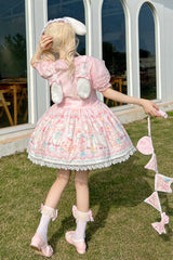 Pink Sheep's Party Print Bowknot Stitching Lace Sweet Lolita Strap Dress - Product - 3