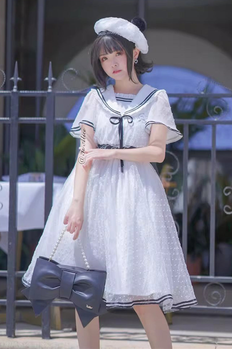 White [Seaside Sweetheart] Chiffon Navy Collar Short Sleeves Ruffled Lace-Up Slim Sailor Sweet Lolita Dress - Product - 2