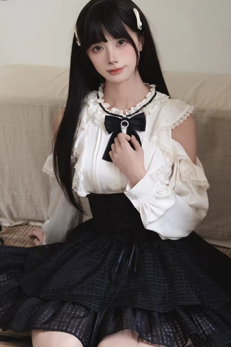 Black/White Round Collar Double-Layered Cut-Out Bow Lace-Up Classic Jirai Kei Japanese Elegant Skirt Set - Product - 6