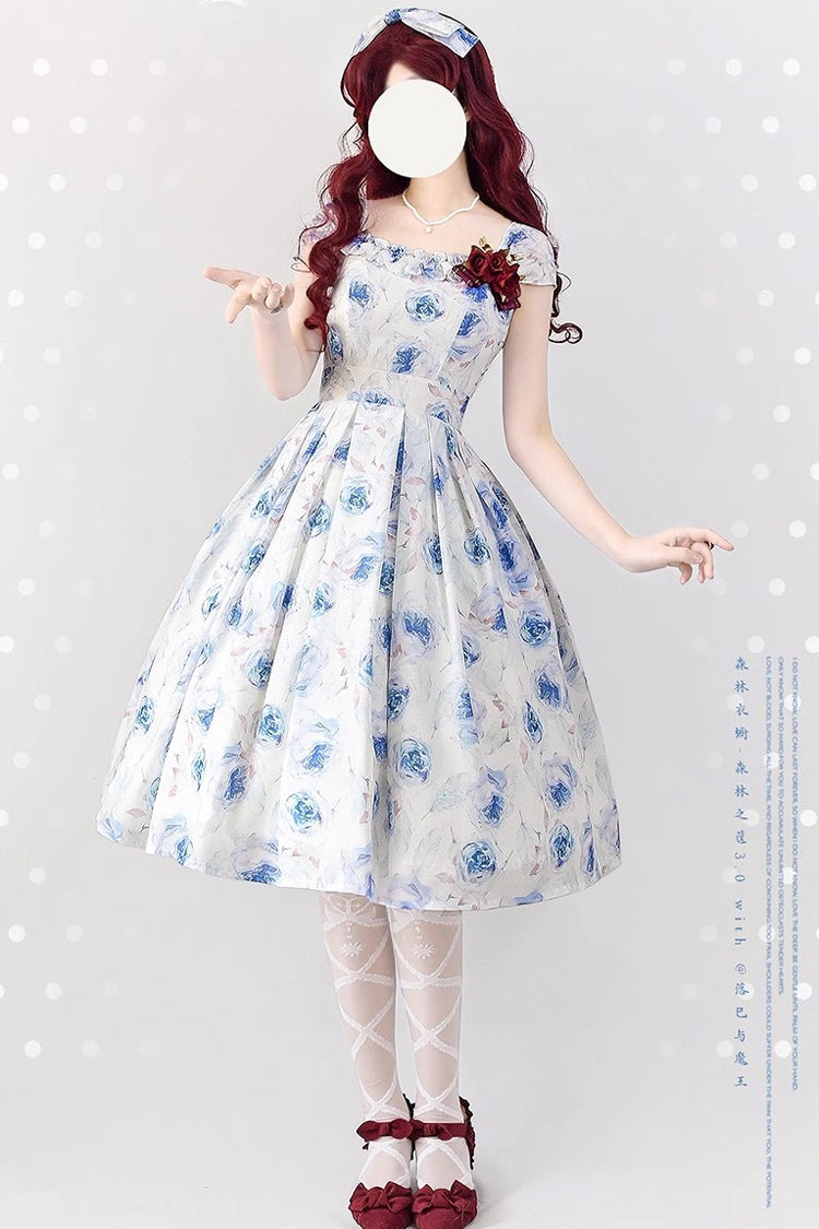 Blue/White Rose Print [Forest Basket] Bowknot Sweet Elegant Lolita Jsk Dress - Product - 2